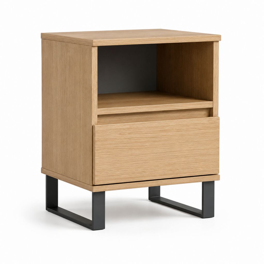 Comodino con cassetto in MDF effetto rovere e acciaio nero rettangolare 45 x 40 x 60 cm