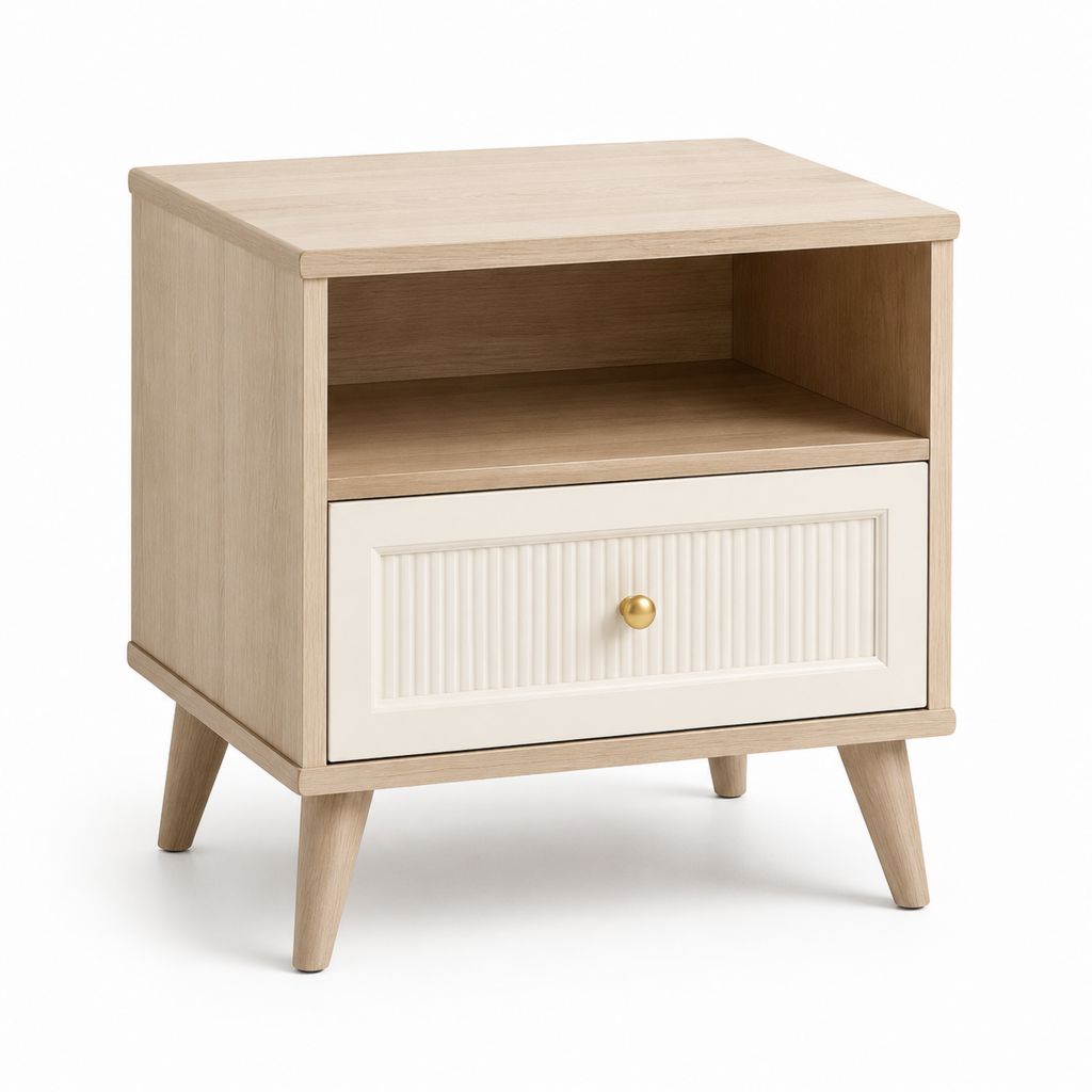 Comodino rettangolare con cassetto e vano aperto rovere chiaro e bianco in MDF 40 x 35 x 55 cm