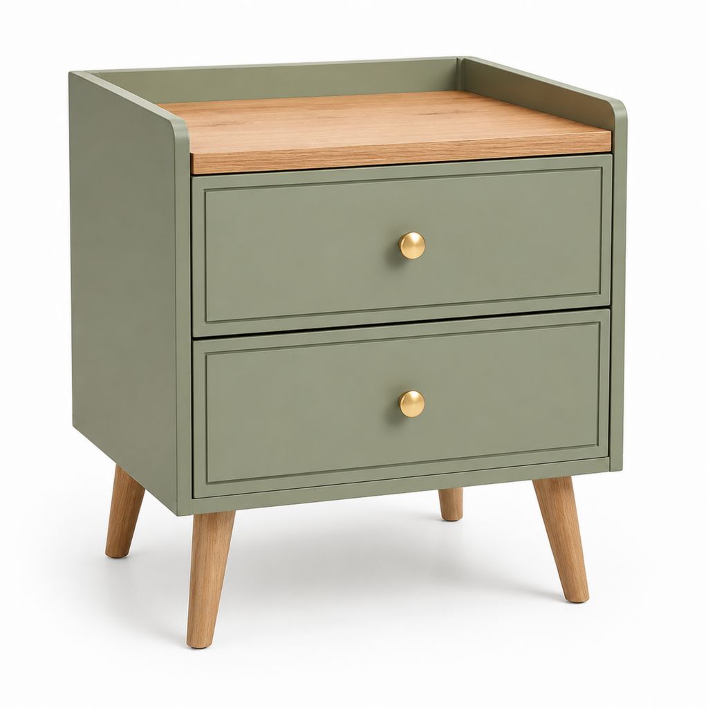 Comodino a 2 cassetti verde salvia in MDF e impiallacciatura di rovere 45 x 35 x 60 cm