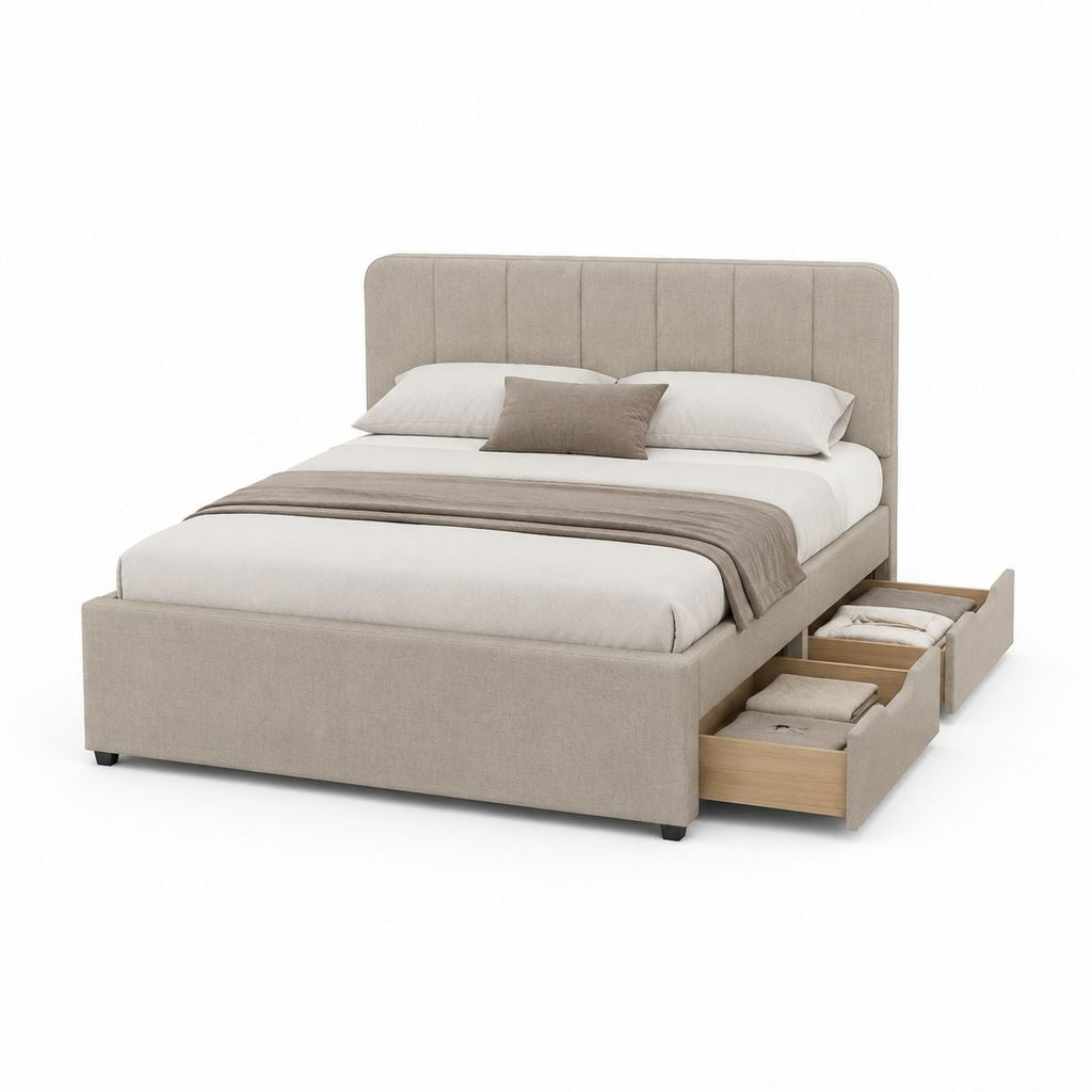 Letto matrimoniale contenitore beige in poliestere rettangolare con 4 cassetti 160 x 200 cm