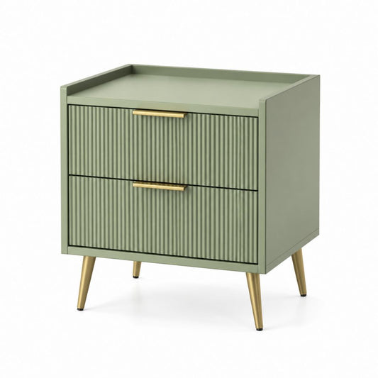 Comodino 2 Cassetti Verde Salvia in MDF con Gambe in Acciaio 60 x 40 x 60 cm