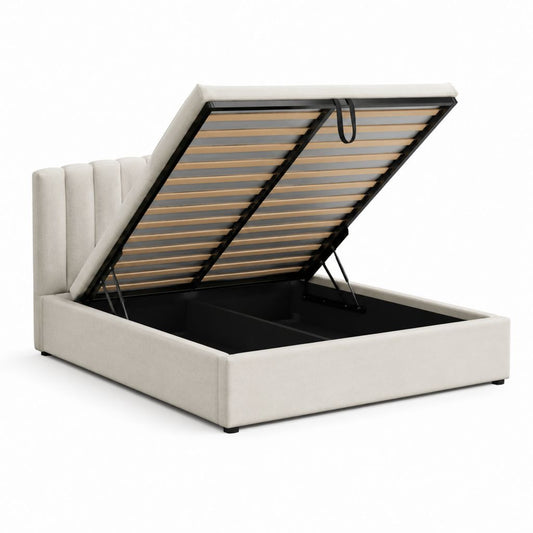 Letto contenitore matrimoniale beige in poliestere con testiera imbottita 160 x 200 cm