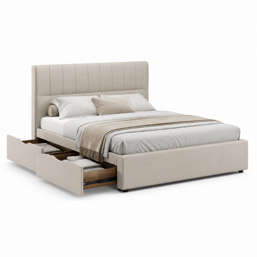 Letto matrimoniale contenitore beige in poliestere con testiera imbottita 160 x 200 cm