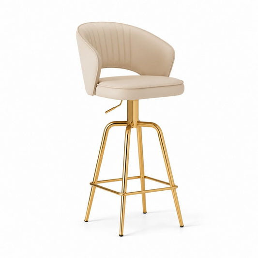 Sgabello da bar girevole regolabile beige in PU con schienale arrotondato e struttura dorata 55 x 52 x 98-119 cm