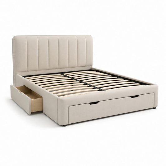 Letto contenitore matrimoniale beige in velluto di poliestere con cassetti e rete a doghe 160 x 200 cm