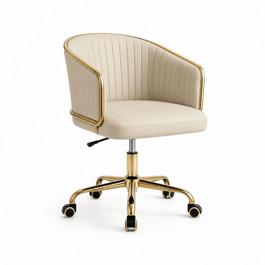 Sedia da ufficio girevole beige in similpelle PU con braccioli e base dorata 60 x 60 x 80-90 cm