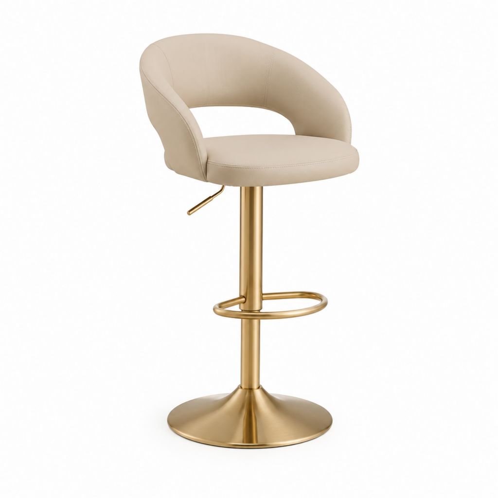 Sgabello da bar regolabile beige in similpelle PU con base in acciaio dorato seduta arrotondata 62 x 46 x 88-109 cm