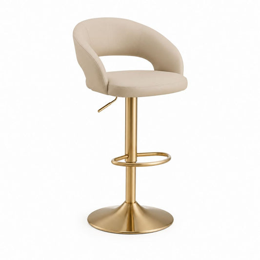 Sgabello da bar regolabile beige in similpelle PU con base in acciaio dorato seduta arrotondata 62 x 46 x 88-109 cm