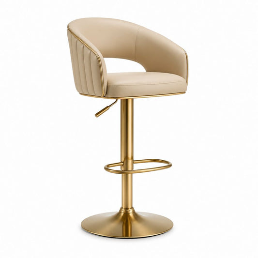 Sgabello da bar girevole regolabile beige in PU con base in acciaio dorato 49 x 52 x 90-111 cm