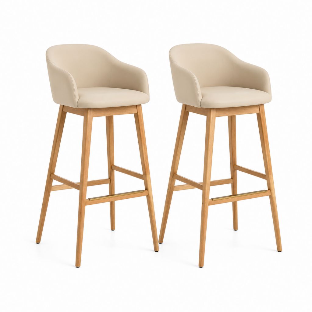 Set di 2 Sgabelli da Bar Beige in Pelle PU con Gambe in Legno Massello 51 x 55 x 99 cm