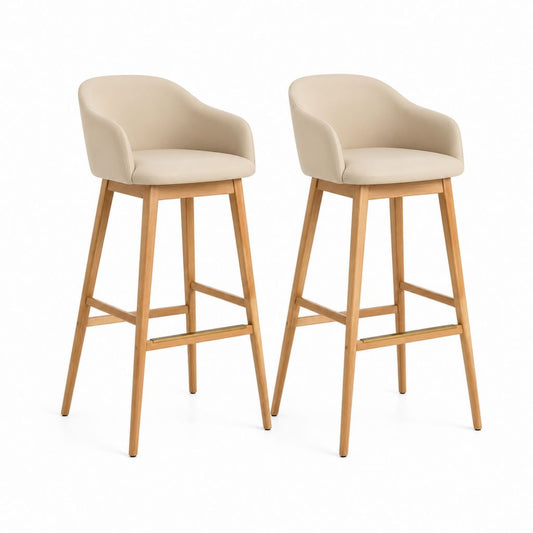 Set di 2 Sgabelli da Bar Beige in Pelle PU con Gambe in Legno Massello 51 x 55 x 99 cm