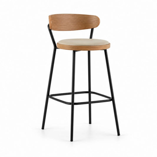 Sgabello da bar con schienale rovere naturale seduta in PU beige struttura in acciaio nero 49 x 52 x 100 cm