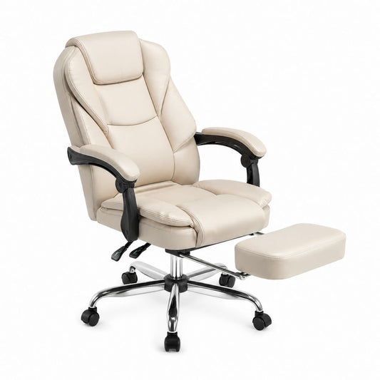 Sedia da ufficio reclinabile beige in similpelle PU con poggiapiedi 68 x 70 x 112-122 cm