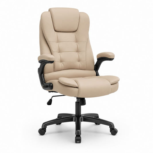 Sedia da ufficio reclinabile beige in similpelle PU con poggiapiedi 65 x 70 x 112-122 cm