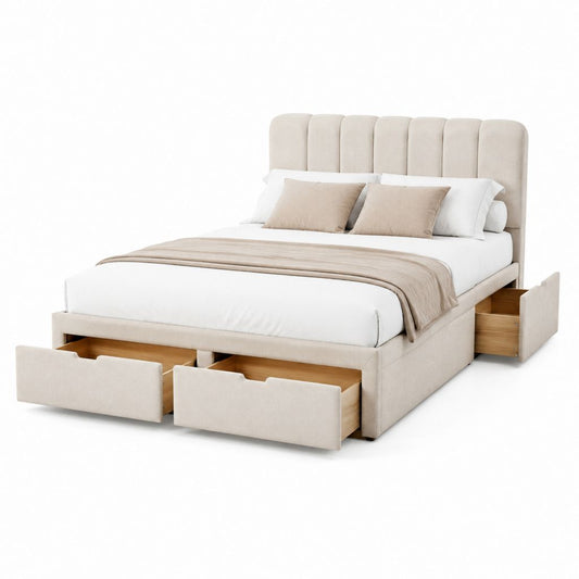 Letto contenitore matrimoniale beige in poliestere con 4 cassetti 160 x 200 cm