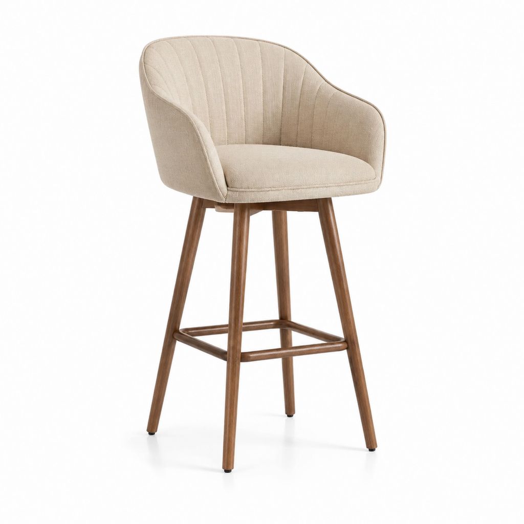 Sgabello da bar imbottito beige in poliestere con schienale curvo e gambe in legno massello 55 x 56 x 104 cm